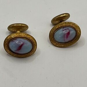 Vintage Gold Tone Oval Cufflinks Blue Swirl Stone Enamel Mens Formal Wear